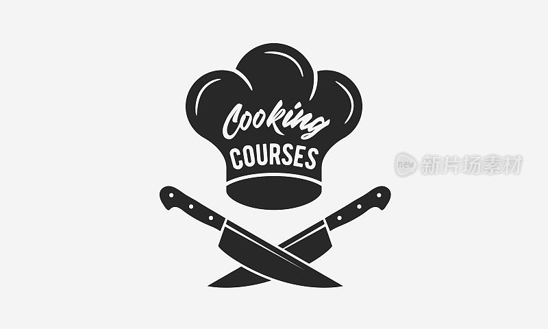 厨师帽子上的烹饪课程。厨师的帽子，刀和垃圾质感的烹饪海报。时尚复古的设计，烹饪学校，美食工作室，烹饪课程。矢量图