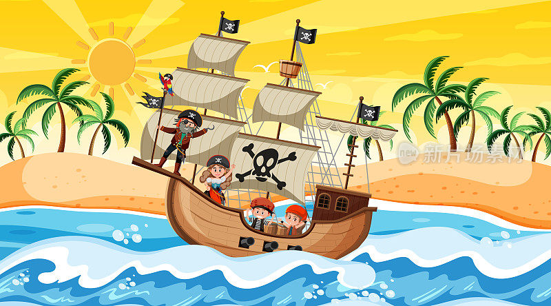 海滩日落时分的场景与海盗孩子的卡通人物在船上