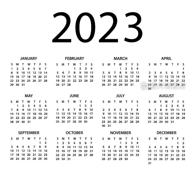 2023年日历-矢量插图。一周从周日开始