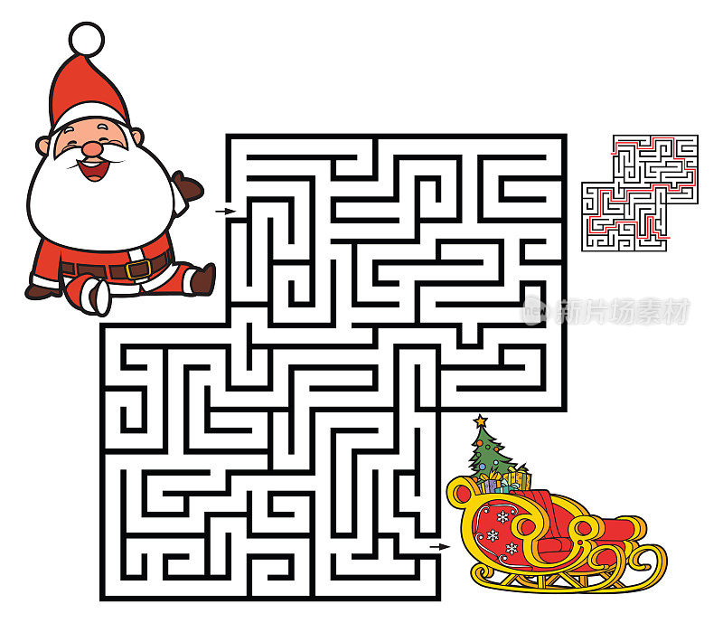 儿童迷宫游戏。可爱的圣诞老人和雪橇