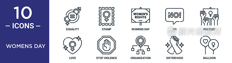 妇女节轮廓图标集包括细线平等，妇女节，抗议，停止暴力，姐妹情谊，气球，爱的图标报告，演示，图表，网页设计