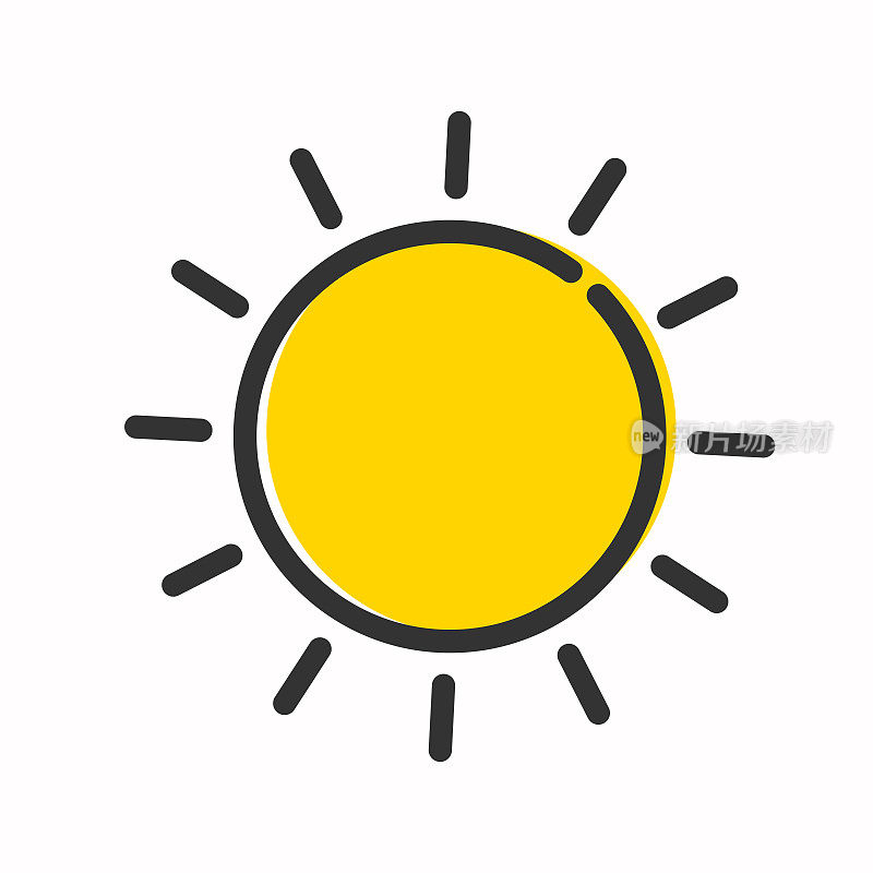 卡通风格的黑色轮廓加上黄色中心明亮的阳光，可爱的夏日阳光图标