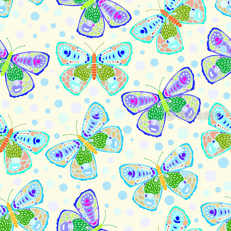 手绘粉彩蝴蝶无缝图案。设计元素，剪贴画，贺卡和邀请卡的模板。