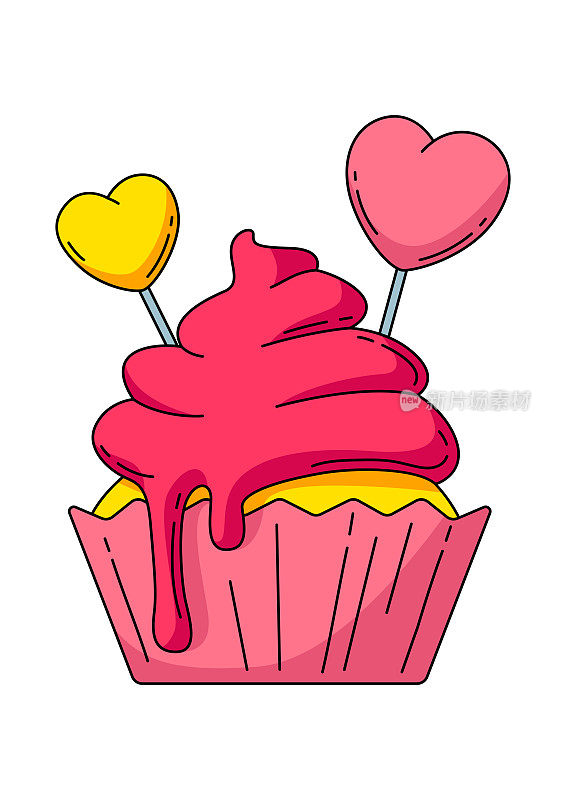 情人节快乐心形纸杯蛋糕插画。节日象征着浪漫的爱情。