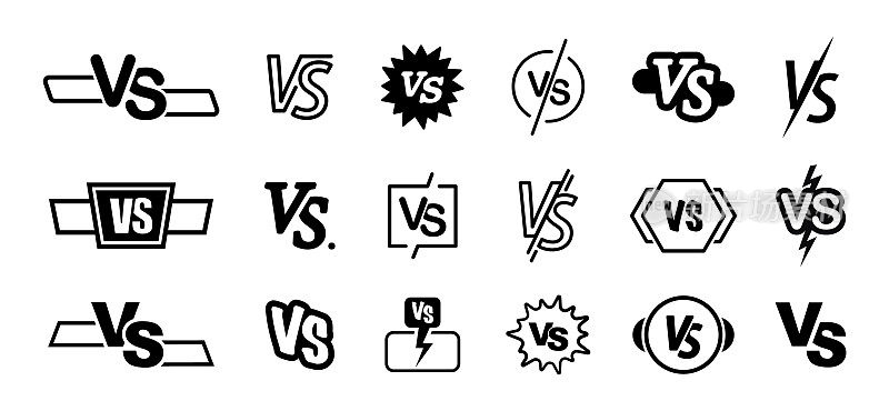 相对于标志集。与信件。竞争的象征。VS符号代表运动、游戏、战斗、摔跤、比赛、决斗。矢量插图。