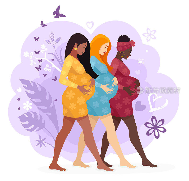 不同种族的孕妇。三个孕妇在走路。