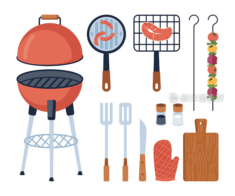 烧烤食品制备设备及部件。烧烤与肉类隔离，串菜与蔬菜，锅铲与刀带手套。矢量在平面卡通风格