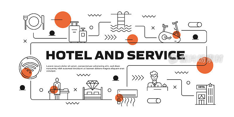 酒店和服务向量信息图。设计是可编辑的，颜色可以改变。创意图标向量集:在线预订，接待，餐厅，健身中心，海滩，行李，放松