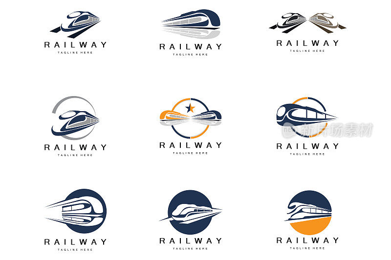 列车标志设计。快速列车轨道矢量，快速运输车辆插图，设计适合机车铁路公司陆地运输和快速交付