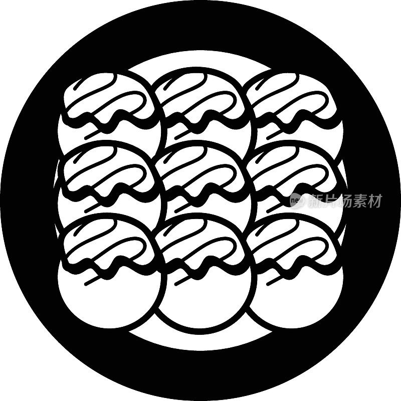 球形日本小吃矢量轮廓图标设计，亚洲美食符号，最受欢迎的菜肴标志，街头食品库存插图，章鱼烧拼盘概念