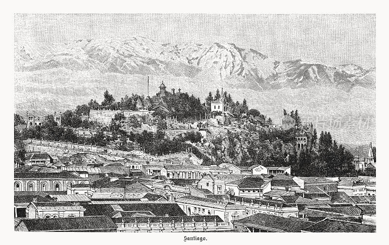 智利圣地亚哥的历史观点，木版画，1899年出版