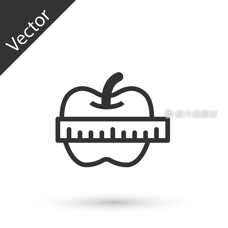 灰色线苹果和卷尺图标隔离在白色背景上。多余的体重。健康饮食菜单。健身减肥苹果。向量