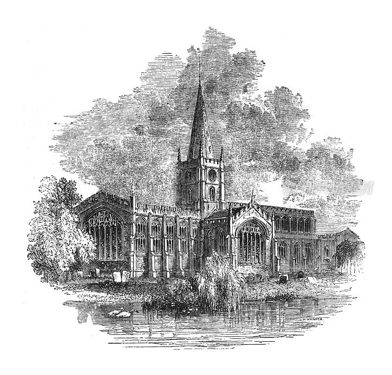 圣三位一体教堂，斯特拉特福河畔埃文在斯特拉特福河畔，沃里克郡(英格兰)-复古雕刻插图