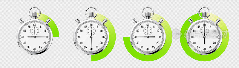 现实的经典秒表。闪亮的金属天文钟，时间计数器与拨号。绿色倒计时显示分钟和秒。计时运动，开始和结束。矢量图