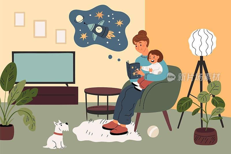 梦的角色。妈妈给孩子读关于太空的书。快乐的儿子想象。有趣的故事。孩子做白日梦。想象奇妙的宇宙之旅。格里什矢量概念