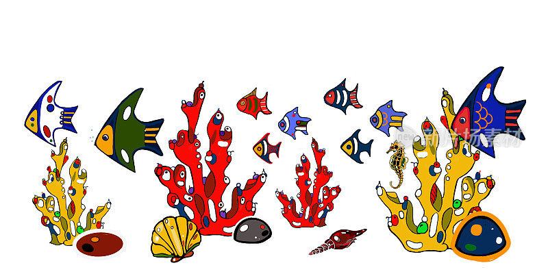 框架海洋生物，海洋集，鱼，珊瑚，贝壳，珍珠在一个白色的背景