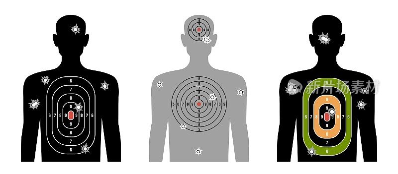 目标人的轮廓。男体型板用于射击，标记精度，子弹标记，射击场器材，手枪射击，警察或军事训练，如今矢量隔离套