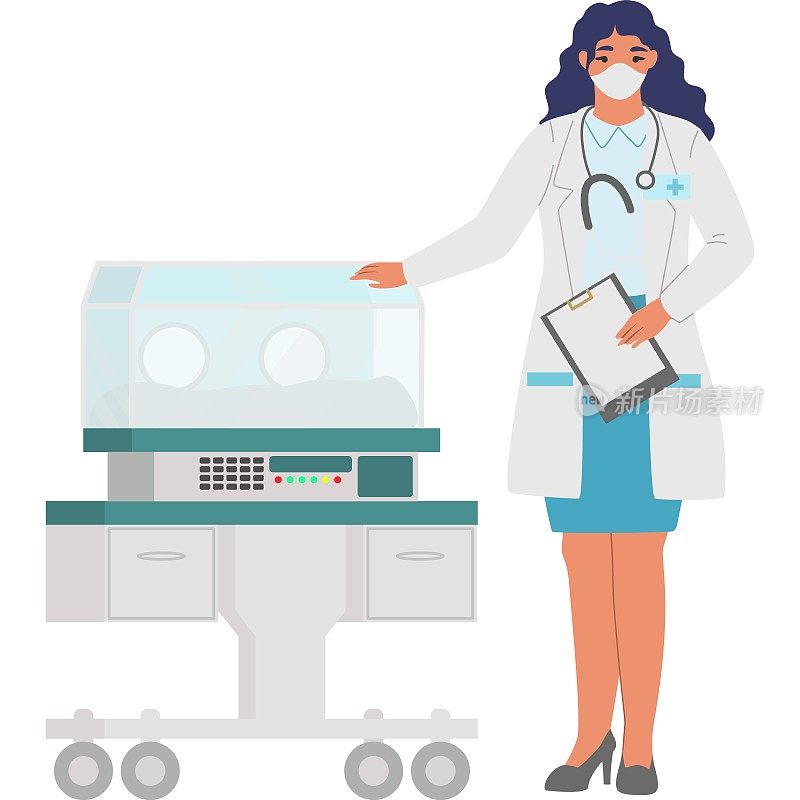 戴口罩的女医生站在肺矢量图标人工通气机附近