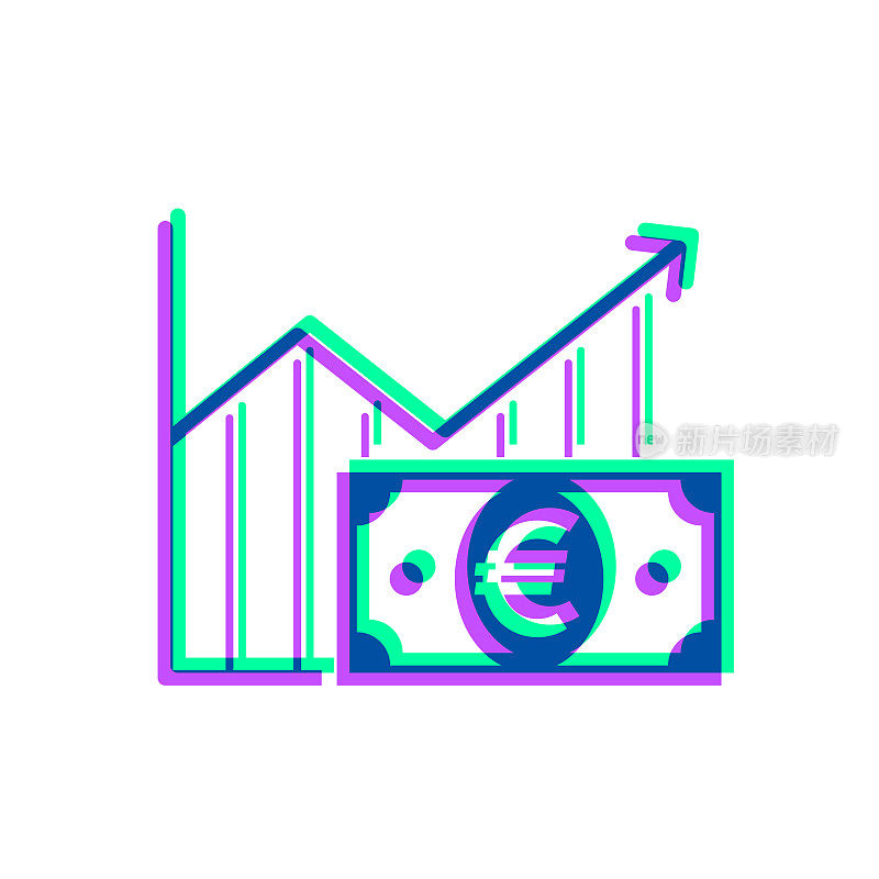 欧元纸币的增长图。图标与两种颜色叠加在白色背景上