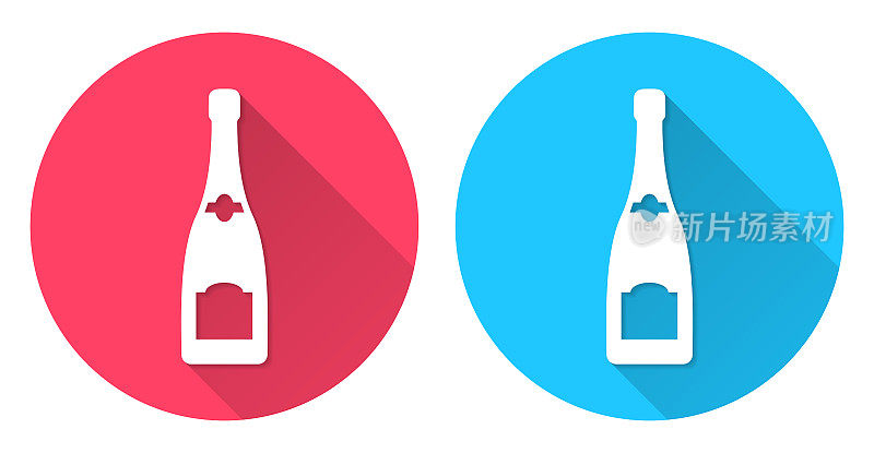 香槟酒瓶。圆形图标与长阴影在红色或蓝色的背景