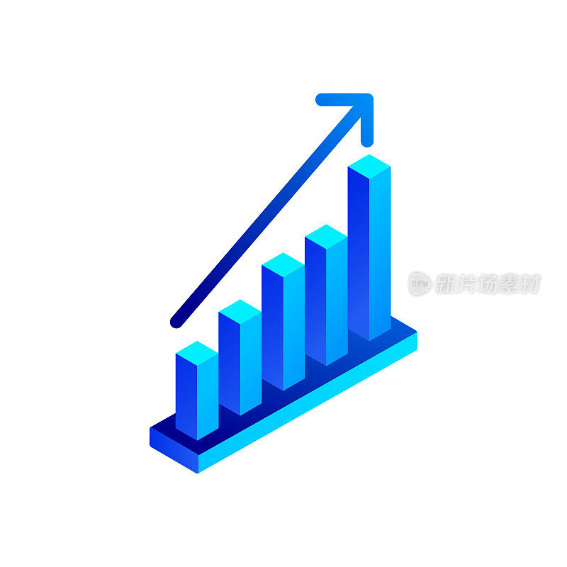 矢量插图增加等距图标和三维设计。投资，条形图，统计，发展，进步。