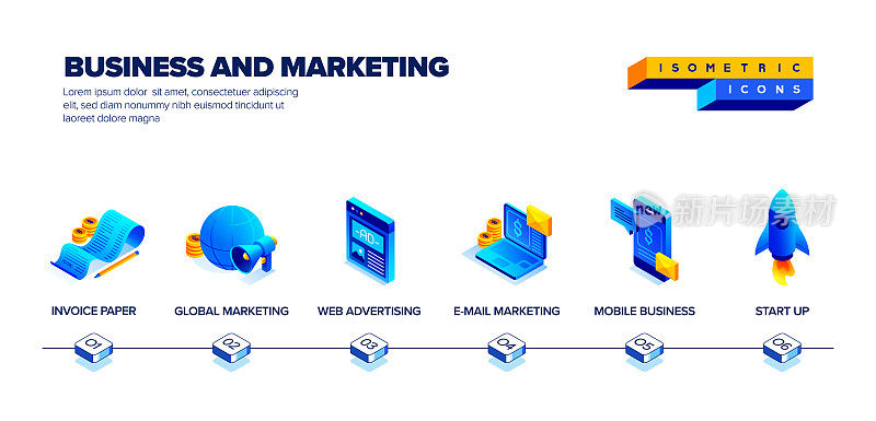 矢量插图的业务和营销等距和三维网页横幅设计。