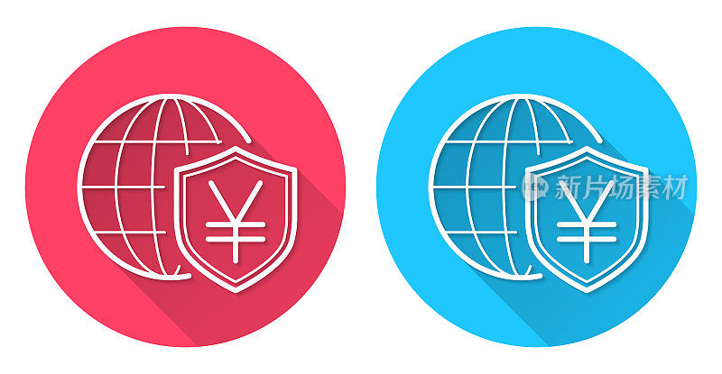 日元盾牌与地球仪。圆形图标与长阴影在红色或蓝色的背景