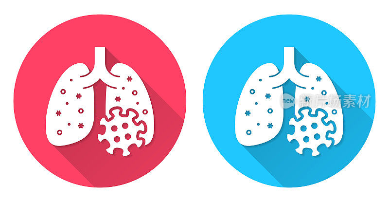 肺部感染冠状病毒。圆形图标与长阴影在红色或蓝色的背景