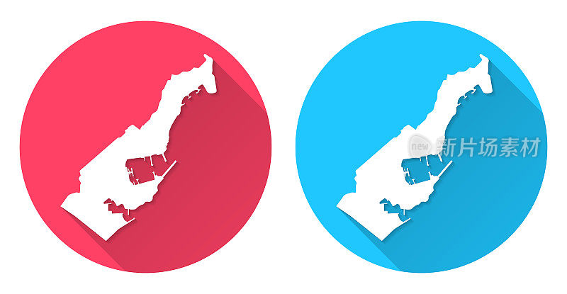 摩纳哥地图。圆形图标与长阴影在红色或蓝色的背景