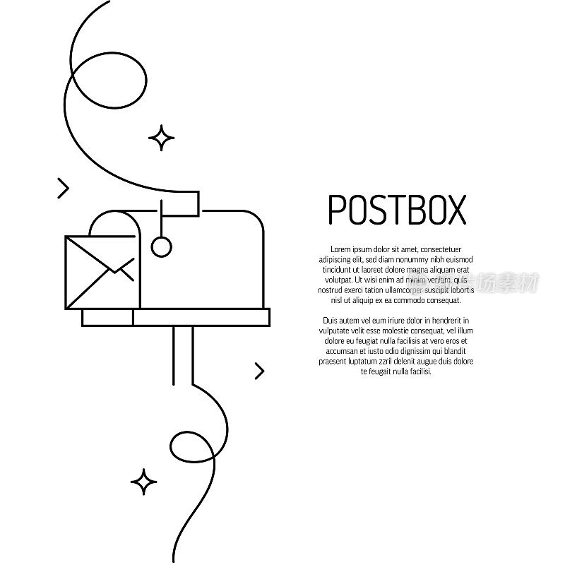 连续线绘制邮筒图标。手绘符号矢量插图。