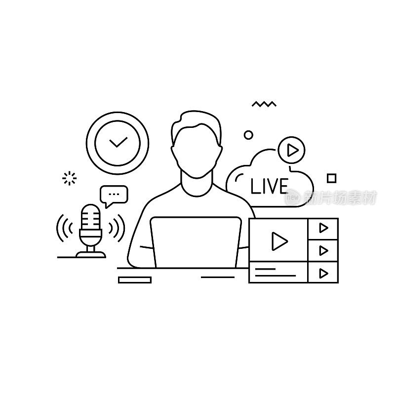 与线图标相关的直播设计。简单轮廓符号图标。互联网,影响者,连接,视频。