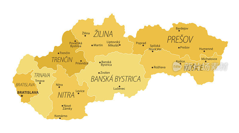 斯洛伐克的地图。斯洛伐克矢量彩色地图