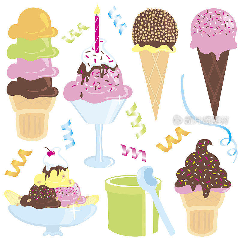 各种冰淇淋盘子和蛋卷的卡通形象