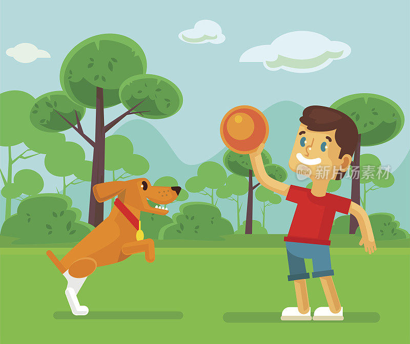 男孩和可爱的狗玩。矢量平面卡通插图