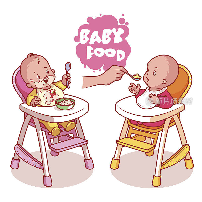 两个孩子坐在婴儿高脚椅里，手里拿着一盘粥。