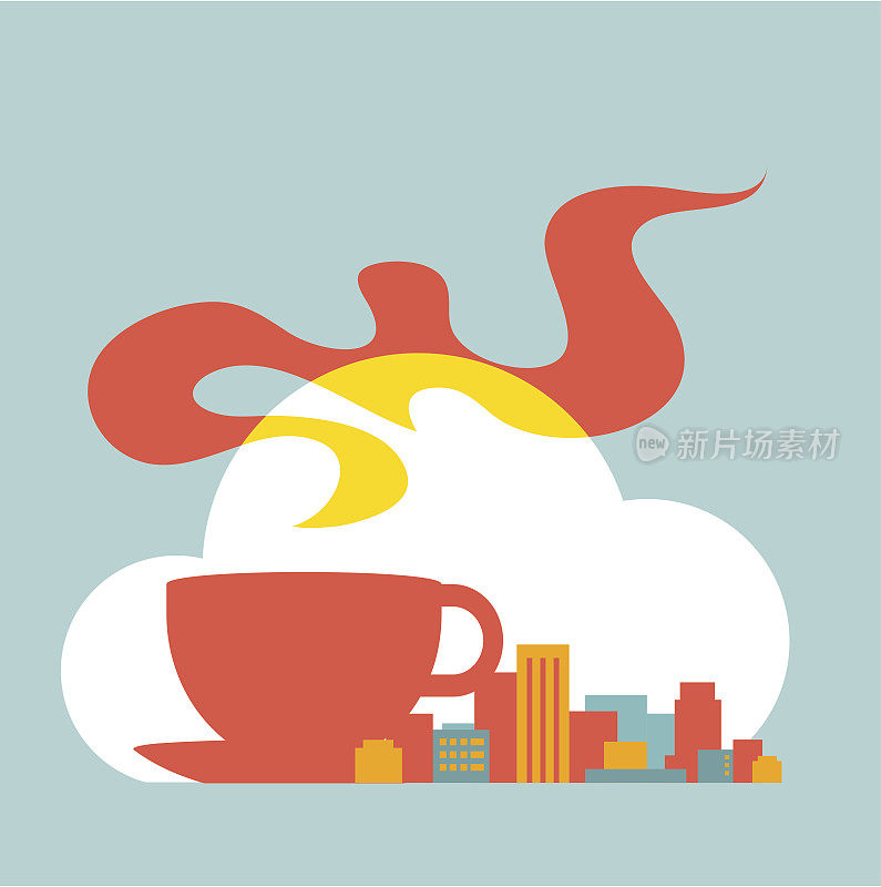 平面风格的现代都市，一杯咖啡和一片云彩