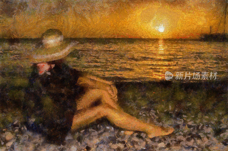 一个戴着帽子的女孩，有着美丽修长的腿，看着海面上的日落。人与自然。