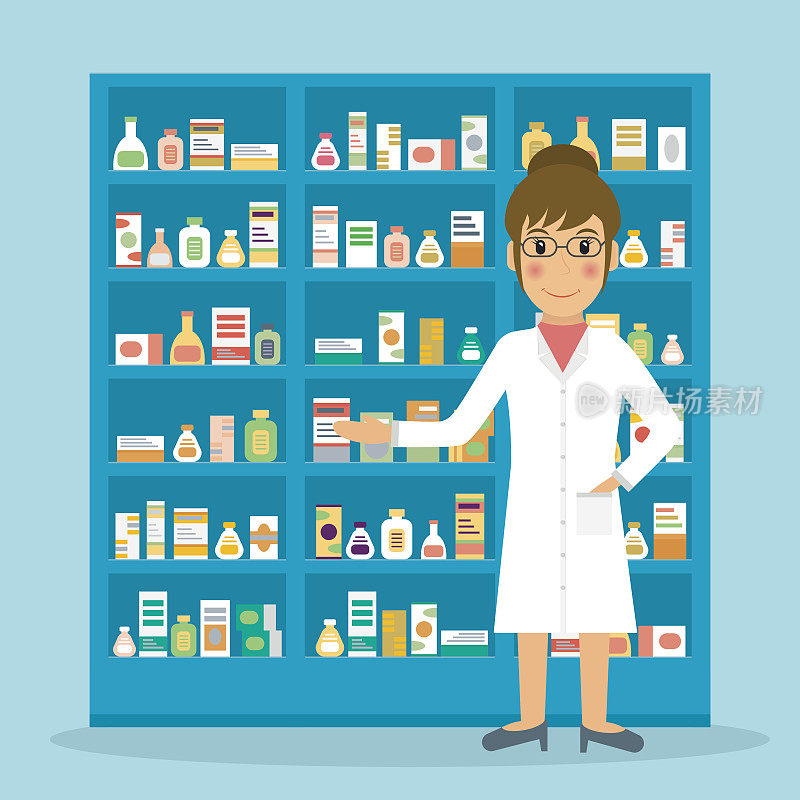 面带微笑的女药剂师在柜台旁边的货架上放着药品和药品。药店女售货员工作。矢量插图在平面风格。