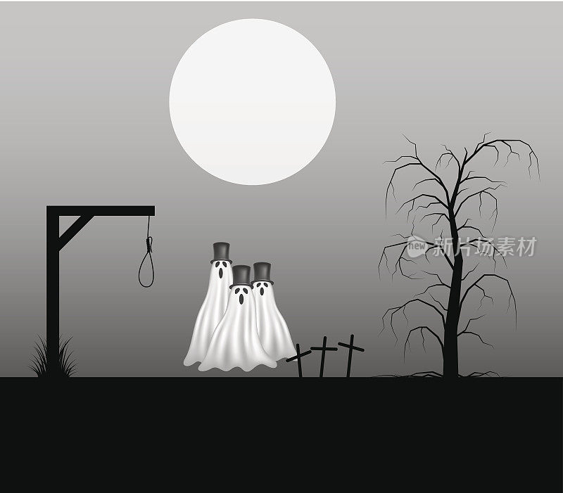 令人毛骨悚然的背景与三个幽灵与帽子站在墓地