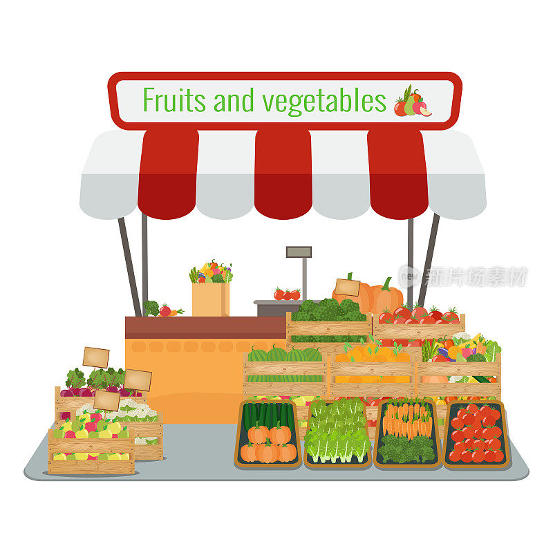 当地的水果和蔬菜市场。快乐的农夫。