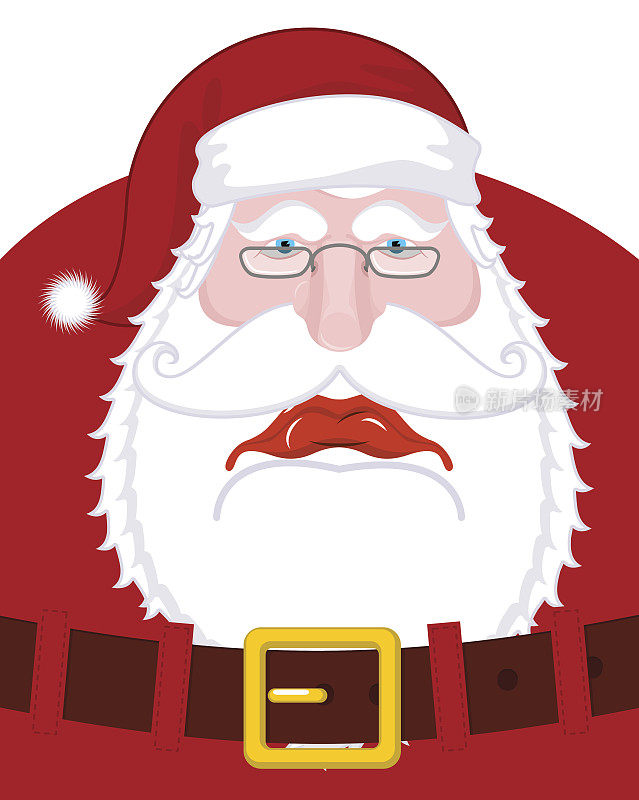 伤心的圣诞老人和皮带。无聊的圣诞爷爷。戴着红帽子、留着胡子的悲伤圣诞老人。新年插图。圣诞节模板设计