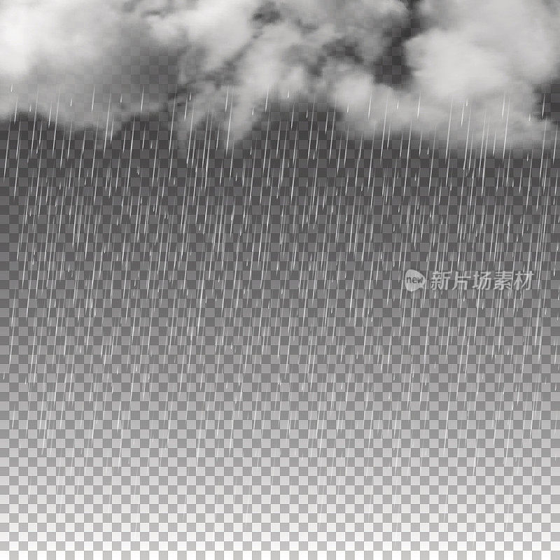 雨和白云孤立在透明的背景。矢量插图。