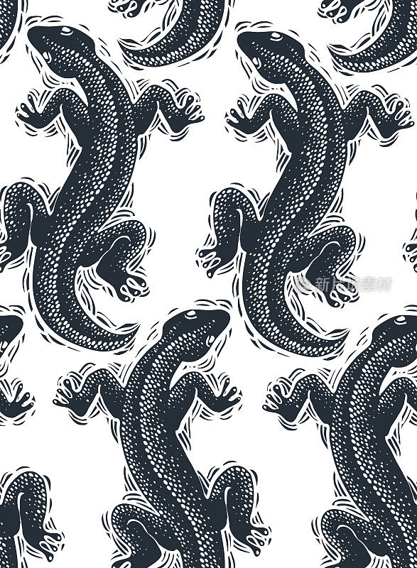 爬虫类矢量无缝图案，蜥蜴俯视图连续背景。用于图形设计的雨林动物壁纸。