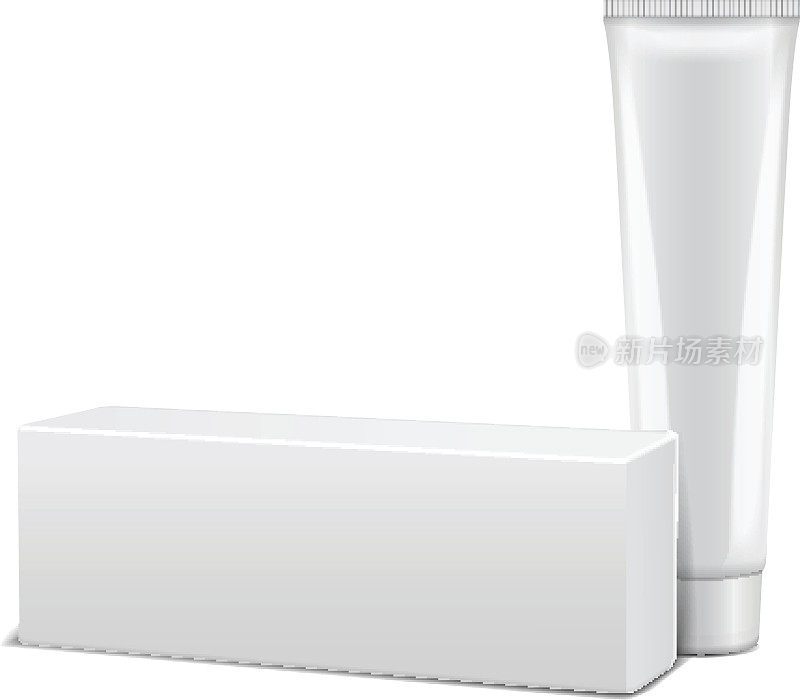 空白塑料管与白色盒药品或化妆品-霜，凝胶，皮肤护理，牙膏。包装模型模板