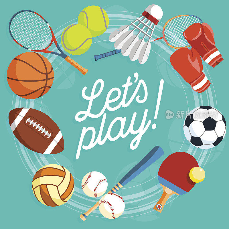 一套彩色的运动球和游戏项目在绿松石的背景。橄榄球，排球，篮球，足球，棒球，网球和羽毛球。健康生活方式的工具、要素。矢量插图。