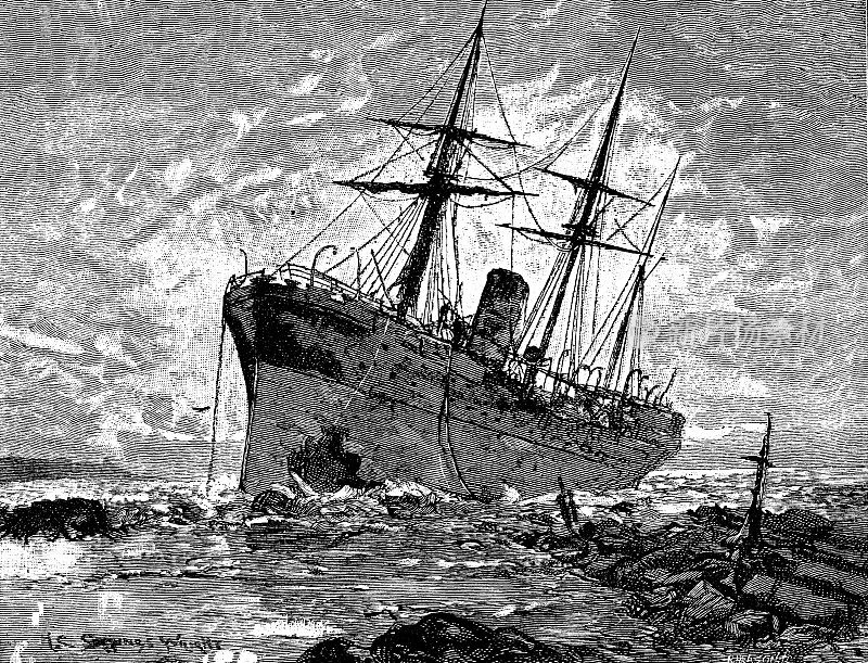 19世纪的一篇文章插图描绘了一艘帆船在搁浅后侧躺着;维多利亚时代沉船;分散种子1892