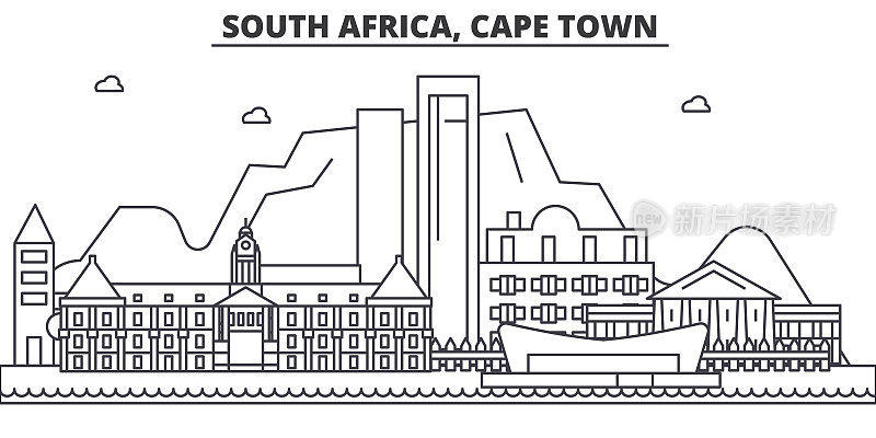 南非，开普敦建筑线天际线插图。线性向量的城市景观与著名的地标，城市景观，设计图标。风景与可编辑的笔触