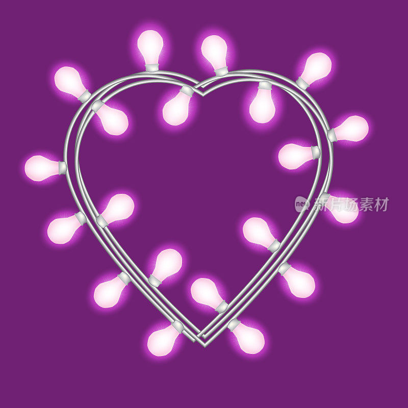心形的花环，在紫罗兰色的背景上点缀着明亮的灯光。矢量设计元素的节日贺卡，情人节圣诞节，新年，生日，横幅。模板或模拟
