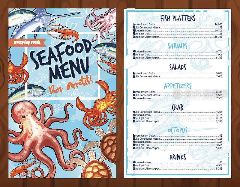 Vector海鲜及鲜鱼菜餐厅菜单