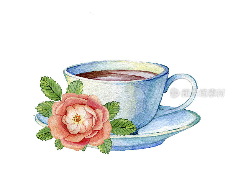 白底手绘水彩茶杯。
